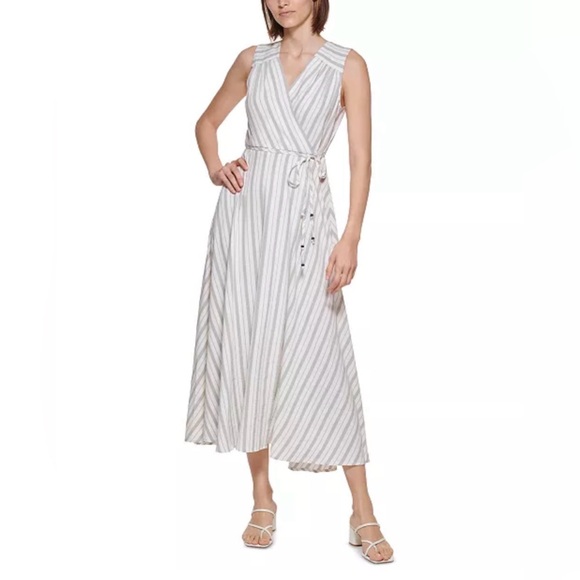 Calvin Klein Dresses & Skirts - NWT Calvin Klein Gray Striped Faux Wrap Maxi Dress